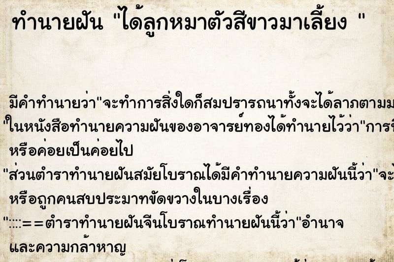 ทำนายฝัน ได้ลูกหมาตัวสีขาวมาเลี้ยง  ตำราโบราณ แม่นที่สุดในโลก